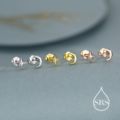 Mismatched Starburst and Moon Stud Earrings in Sterling Silver, Silver or Gold or Rose Gold, Asymmetric CZ Star and Crescent Moon Earrings