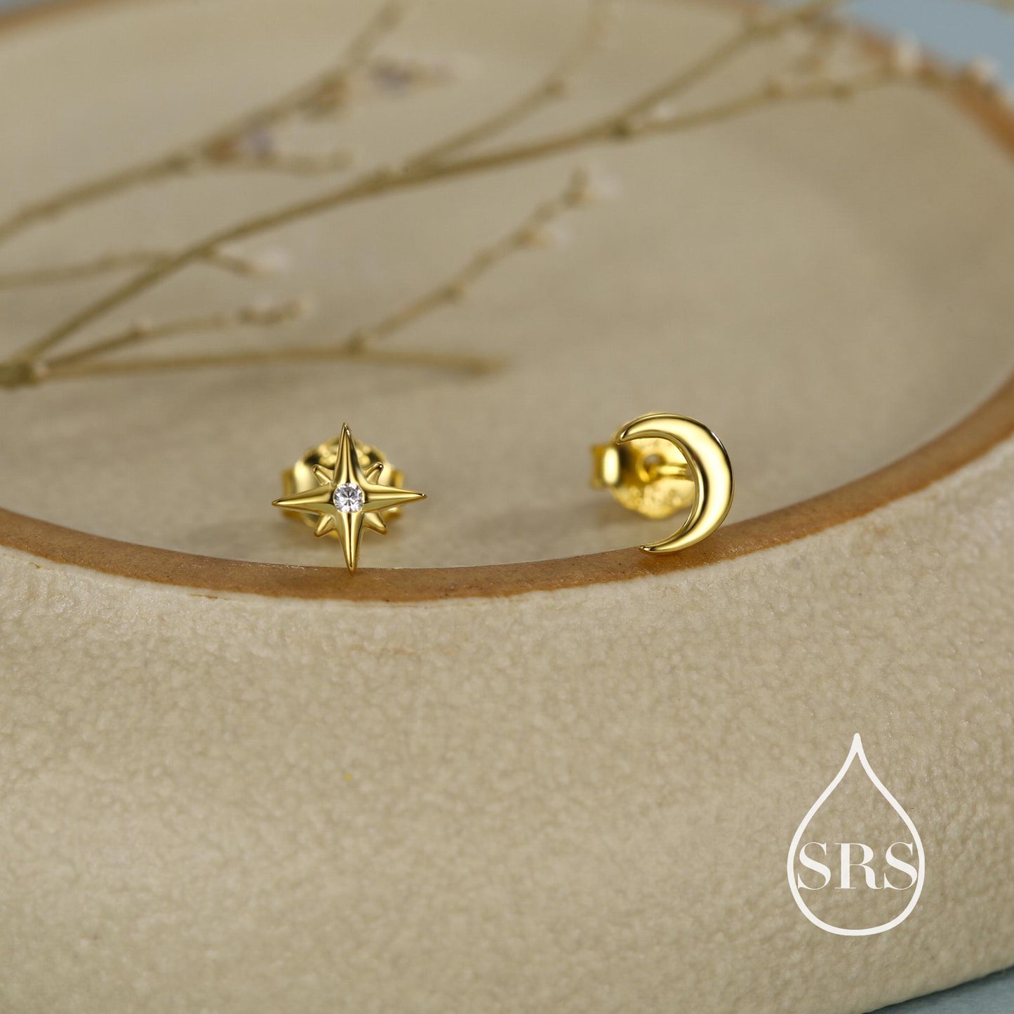 Mismatched Starburst and Moon Stud Earrings in Sterling Silver, Silver or Gold or Rose Gold, Asymmetric CZ Star and Crescent Moon Earrings