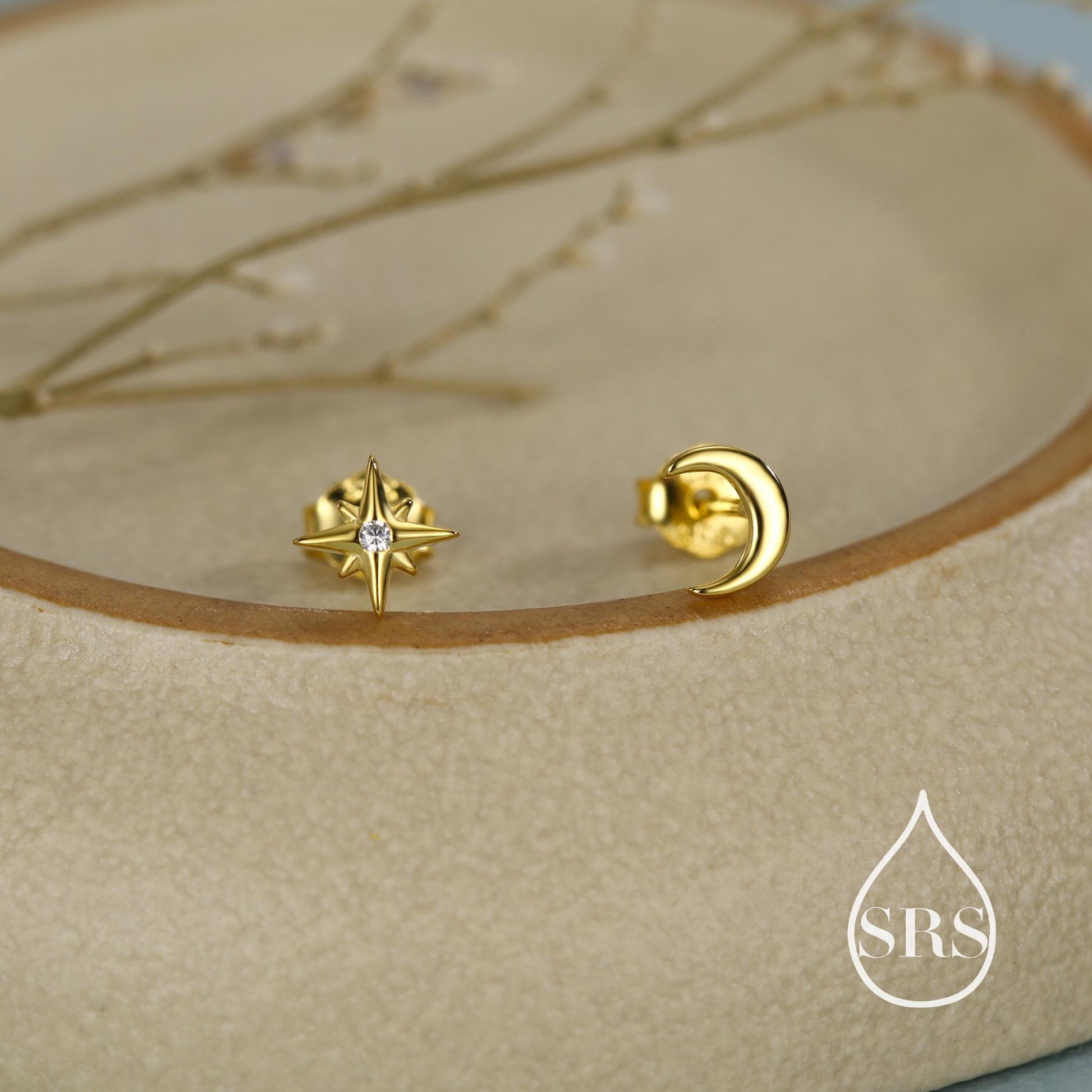 Mismatched Starburst and Moon Stud Earrings in Sterling Silver, Silver or Gold or Rose Gold, Asymmetric CZ Star and Crescent Moon Earrings