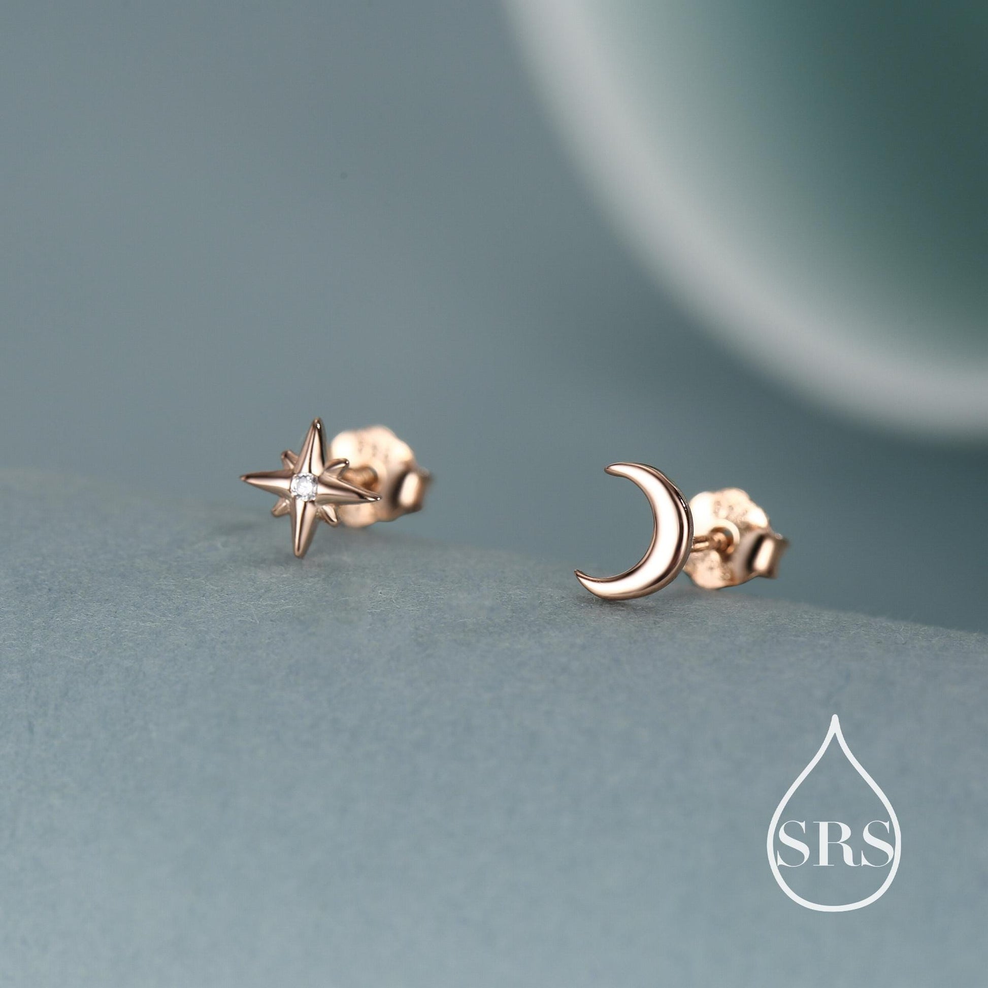 Mismatched Starburst and Moon Stud Earrings in Sterling Silver, Silver or Gold or Rose Gold, Asymmetric CZ Star and Crescent Moon Earrings