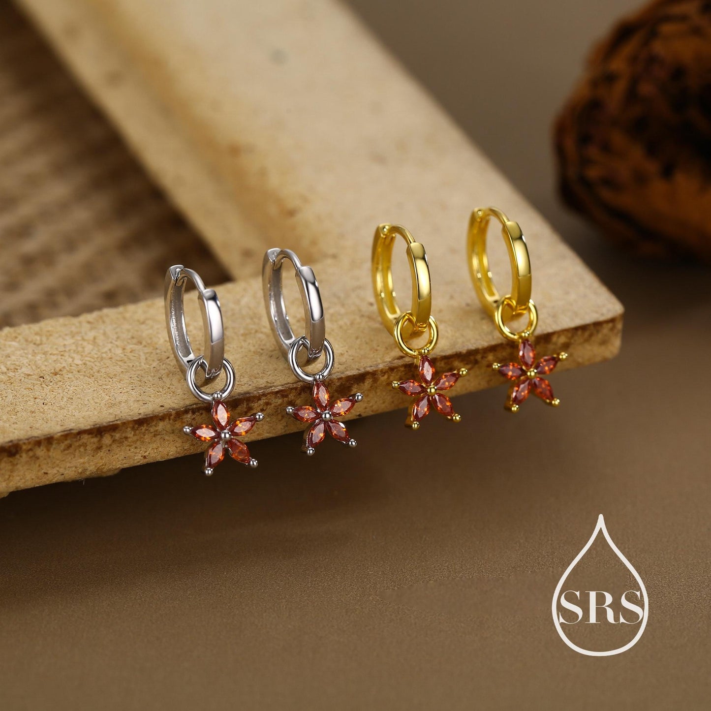 Garnet Red Flower CZ Huggie Hoop in Sterling Silver, Silver or Gold, January Birthstone, Detachable and Interchangeable