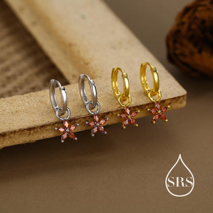 Garnet Red Flower CZ Huggie Hoop in Sterling Silver, Silver or Gold, January Birthstone, Detachable and Interchangeable