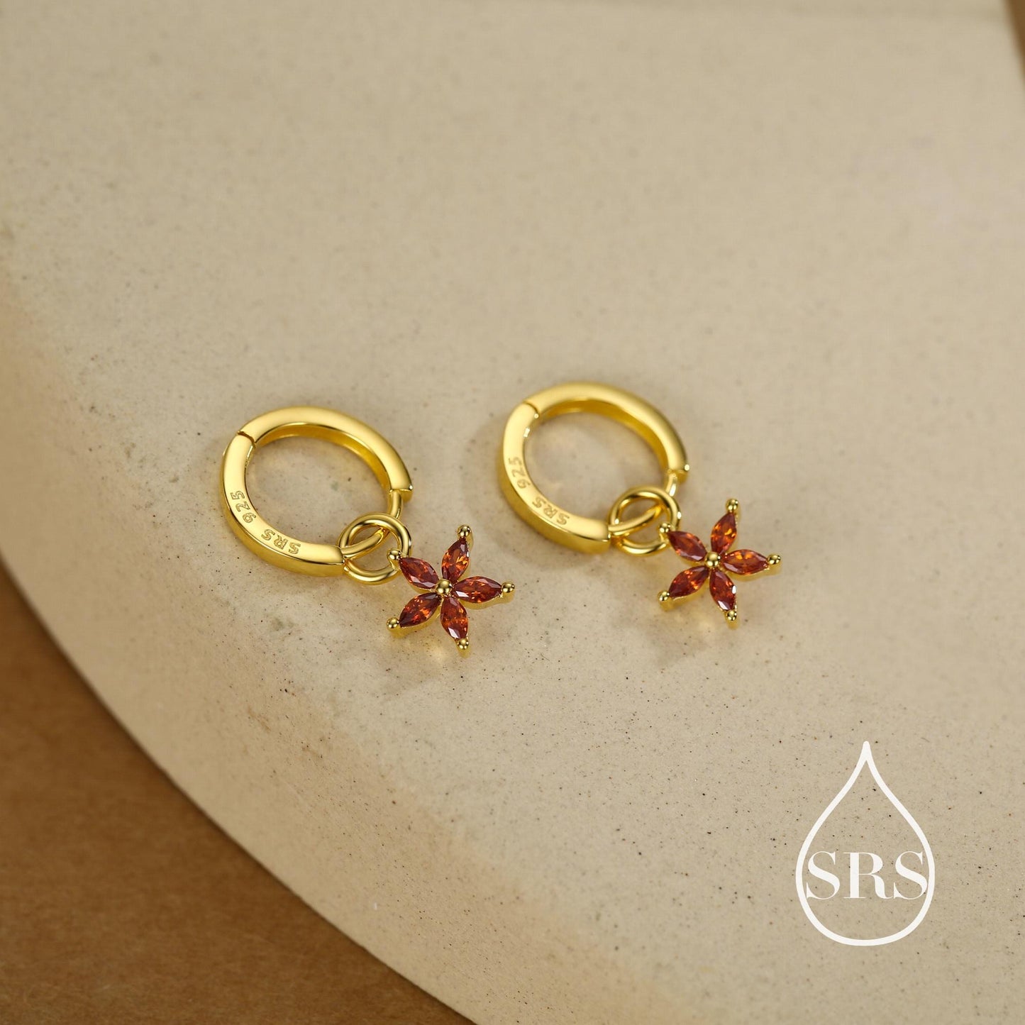 Garnet Red Flower CZ Huggie Hoop in Sterling Silver, Silver or Gold, January Birthstone, Detachable and Interchangeable