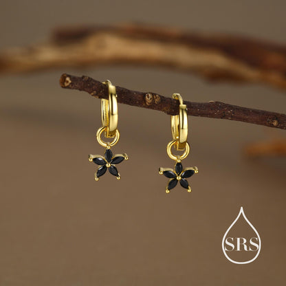 Black Flower CZ Huggie Hoop in Sterling Silver, Silver or Gold, Minimalist Simple Hoop Earrings, Detachable and Interchangeable