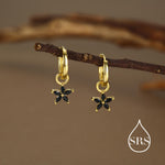 Black Flower CZ Huggie Hoop in Sterling Silver, Silver or Gold, Minimalist Simple Hoop Earrings, Detachable and Interchangeable