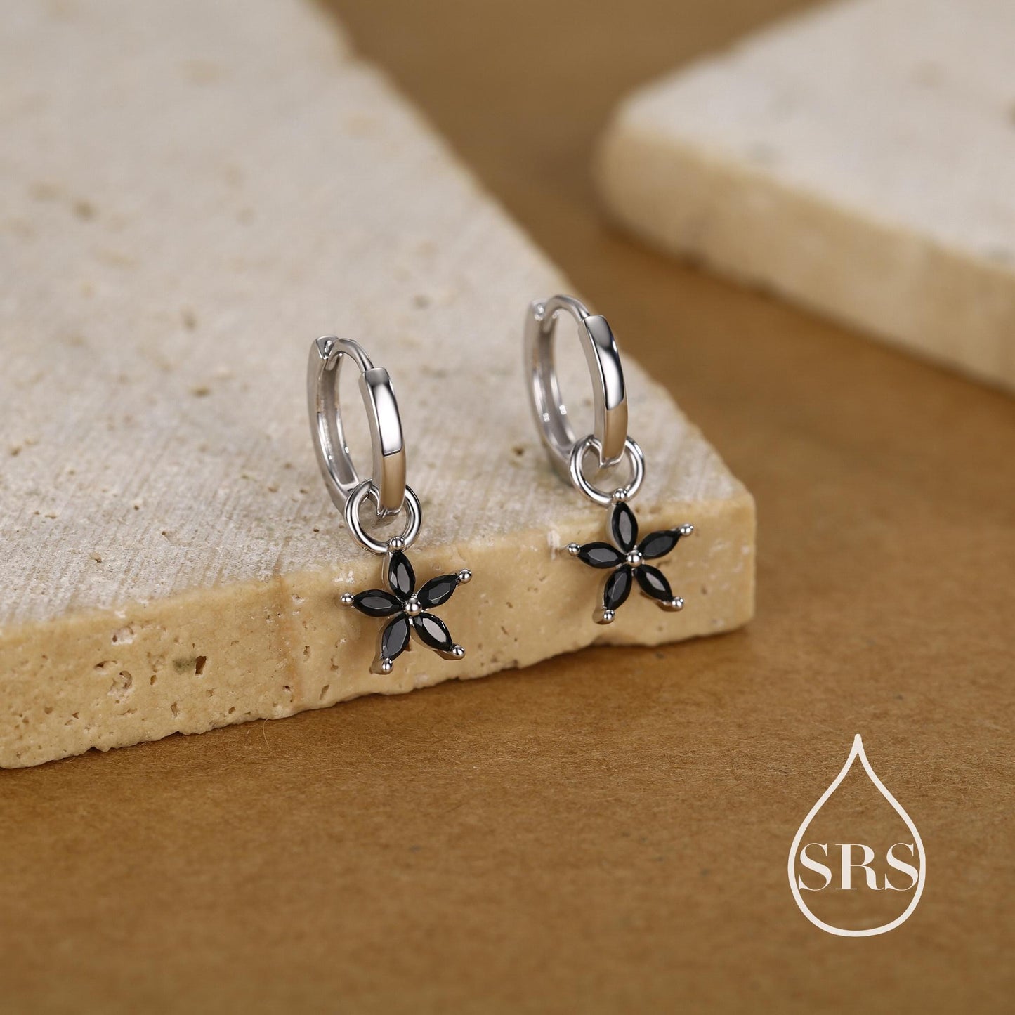 Black Flower CZ Huggie Hoop in Sterling Silver, Silver or Gold, Minimalist Simple Hoop Earrings, Detachable and Interchangeable