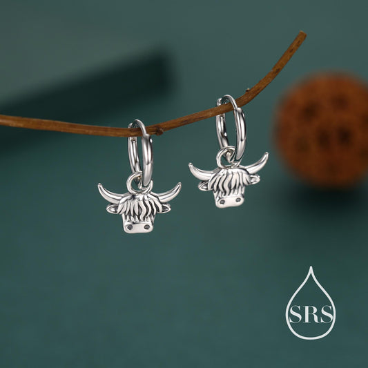 Sterling Silver Highland Cow Huggie Hoops with Detachable Charms