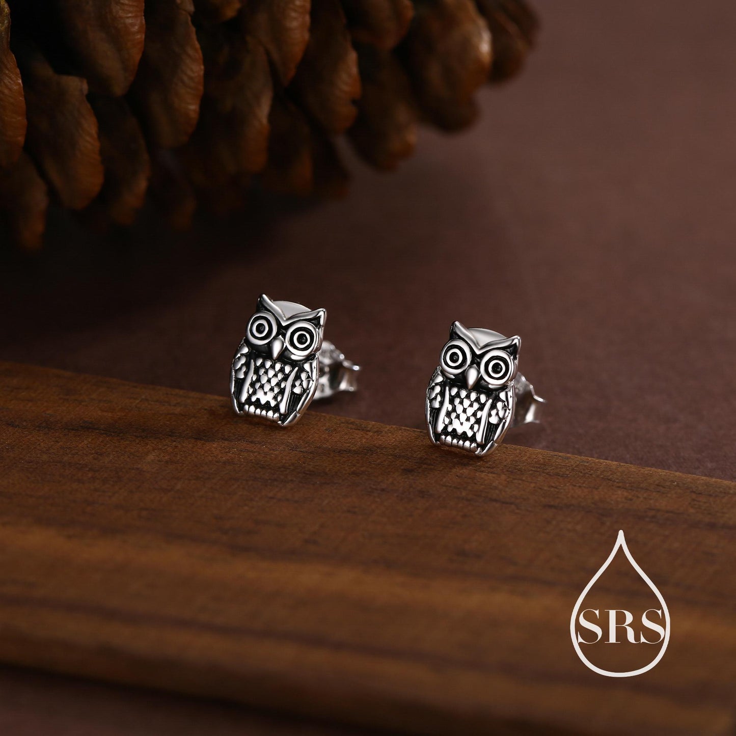 Owl Stud Earrings in Sterling Silver, Oxidised Silver Finish, Silver Animal Earrings, Nature Inspired Jewellery