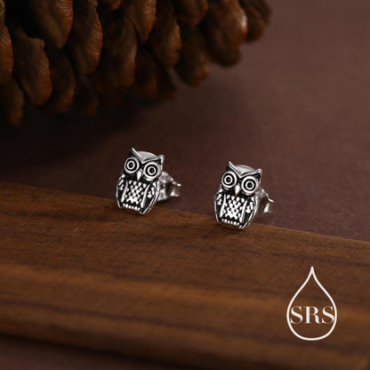 Owl Stud Earrings in Sterling Silver, Oxidised Silver Finish, Silver Animal Earrings, Nature Inspired Jewellery