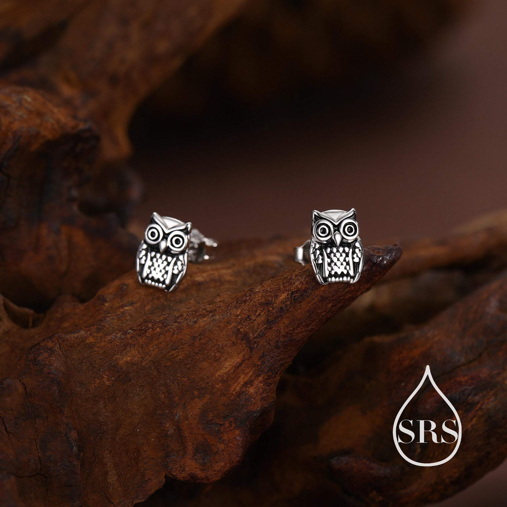 Owl Stud Earrings in Sterling Silver, Oxidised Silver Finish, Silver Animal Earrings, Nature Inspired Jewellery