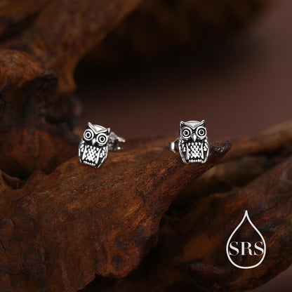 Owl Stud Earrings in Sterling Silver, Oxidised Silver Finish, Silver Animal Earrings, Nature Inspired Jewellery