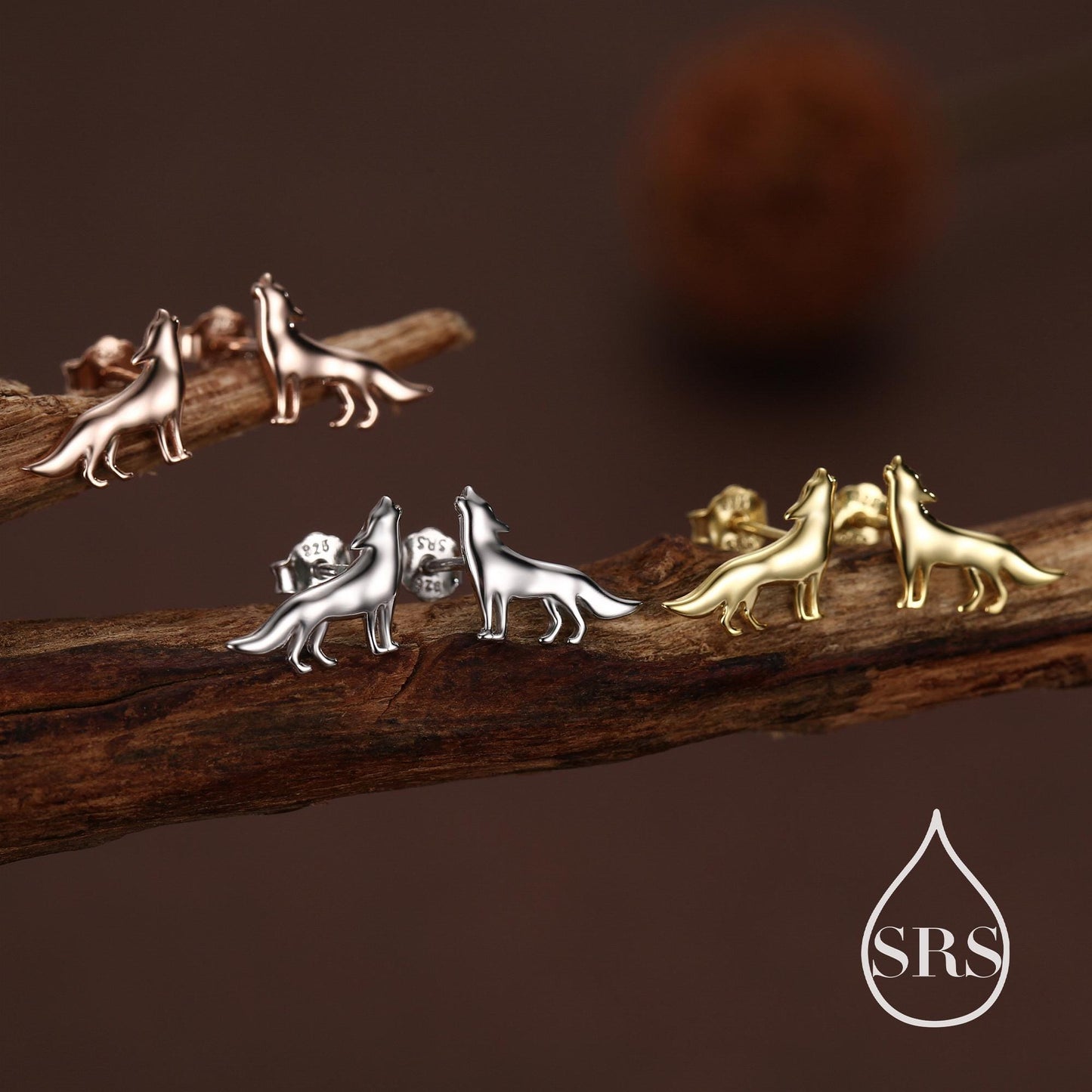 Howling Wolf Stud Earrings in Sterling Silver, Silver or Gold, Wolf Earrings, Nature Inspired Animal Earrings