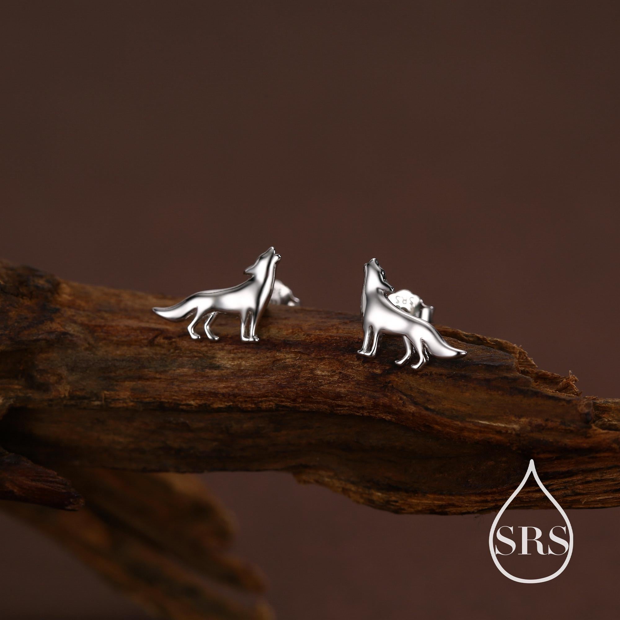 Howling Wolf Stud Earrings in Sterling Silver, Silver or Gold