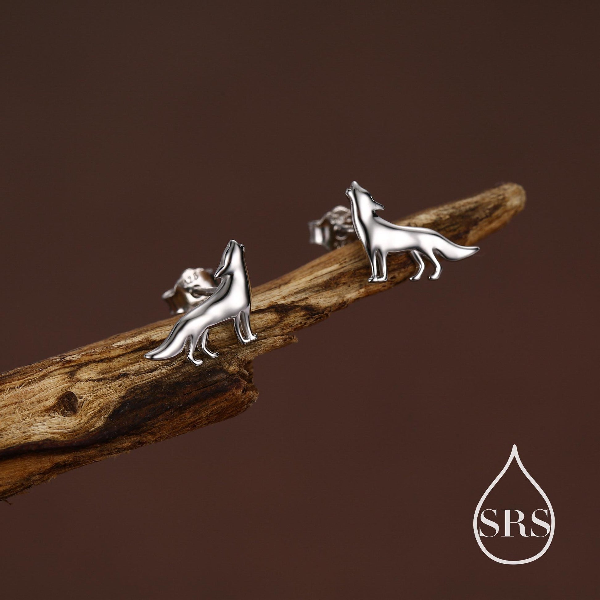 Howling Wolf Stud Earrings in Sterling Silver, Silver or Gold, Wolf Earrings, Nature Inspired Animal Earrings