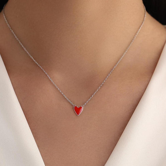 Red Enamel Heart Pendant Necklace in Sterling Silver, Red Heart Necklace, Dainty and Tiny