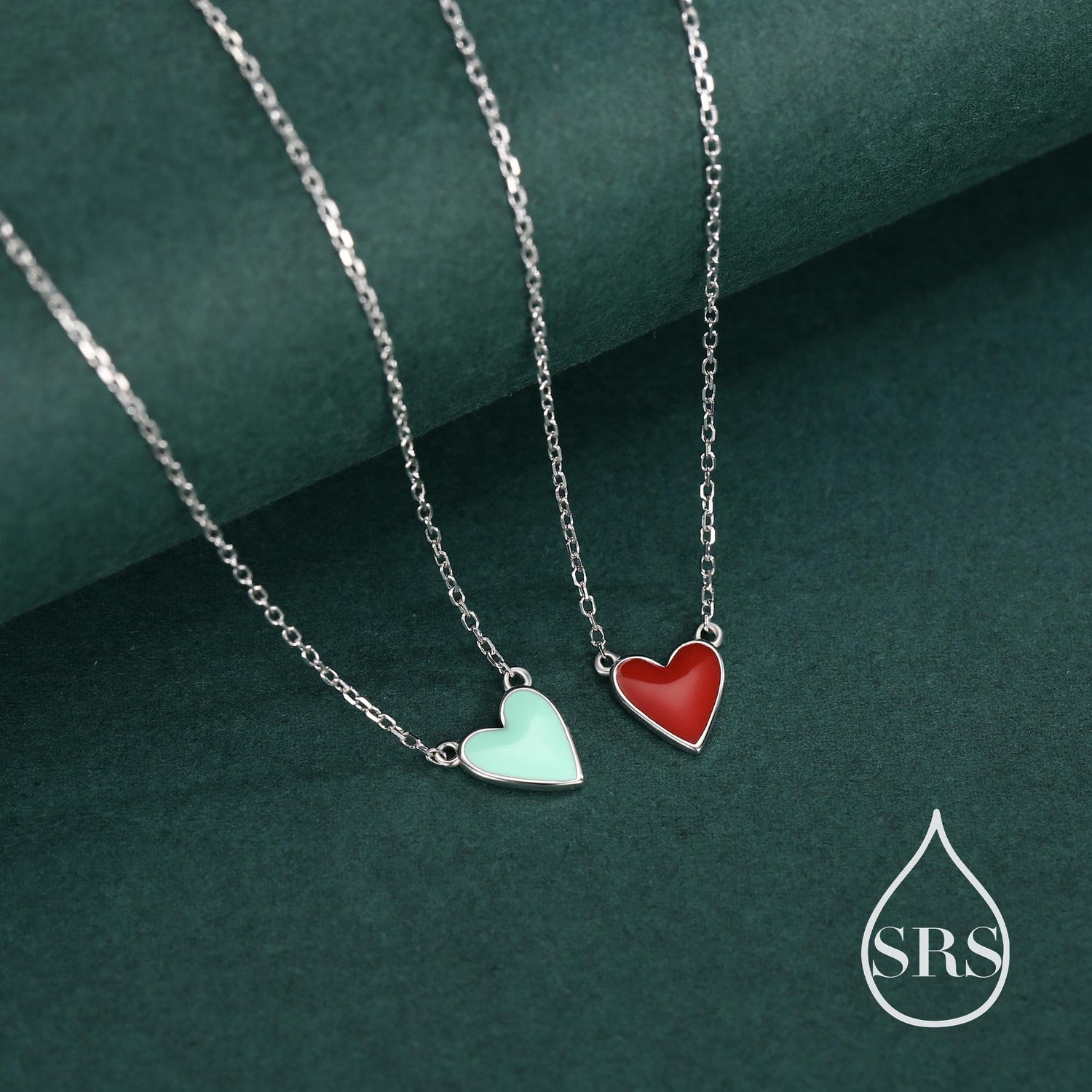 Teal Blue or Red Enamel Heart Pendant Necklace in Sterling Silver