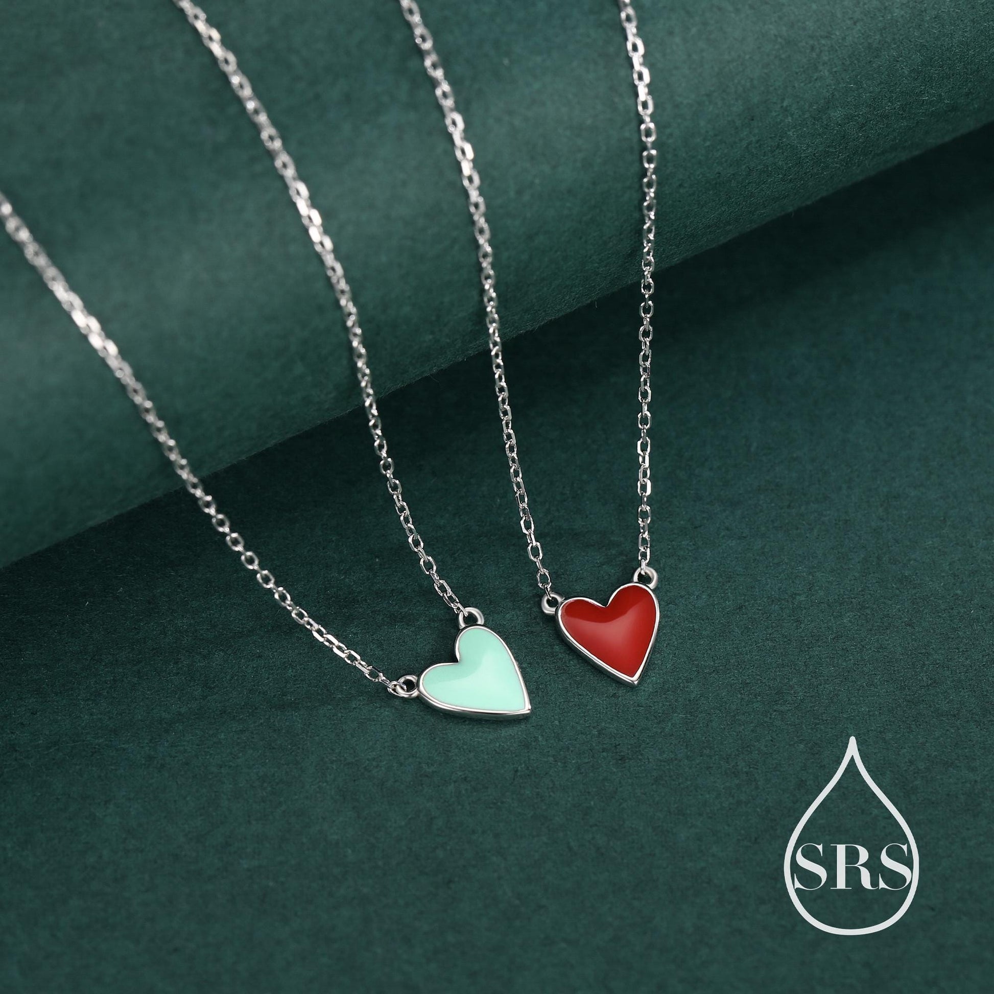 Teal Blue or Red Enamel Heart Pendant Necklace in Sterling Silver
