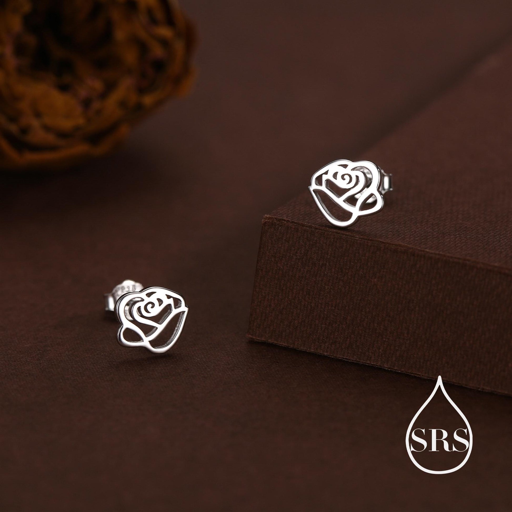Cut-out Rose Flower Stud Earrings in Sterling Silver, Delicate Botanical Earrings