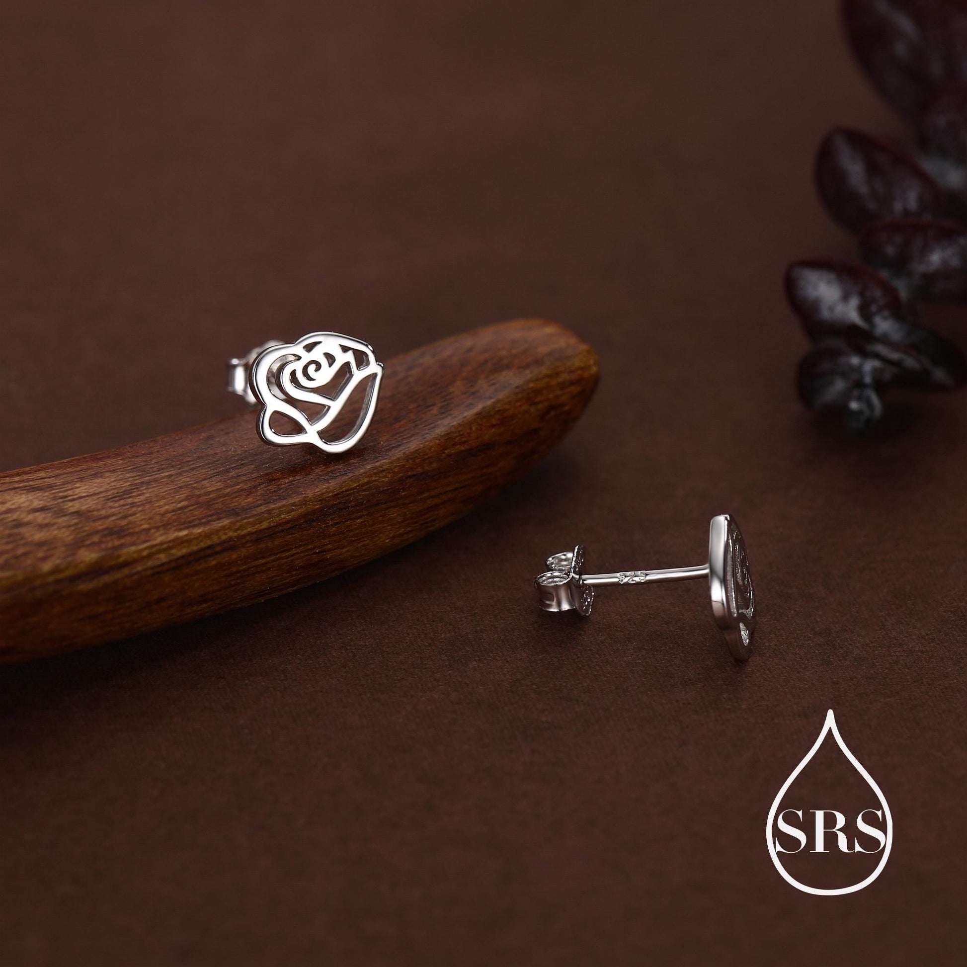 Cut-out Rose Flower Stud Earrings in Sterling Silver, Delicate Botanical Earrings