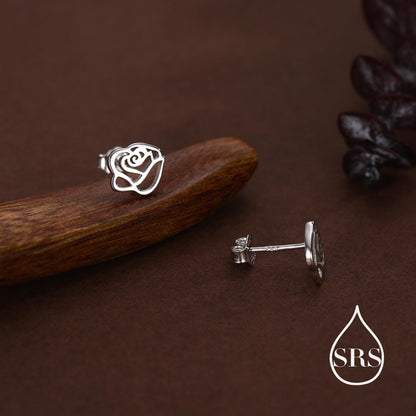 Cut-out Rose Flower Stud Earrings in Sterling Silver, Delicate Botanical Earrings
