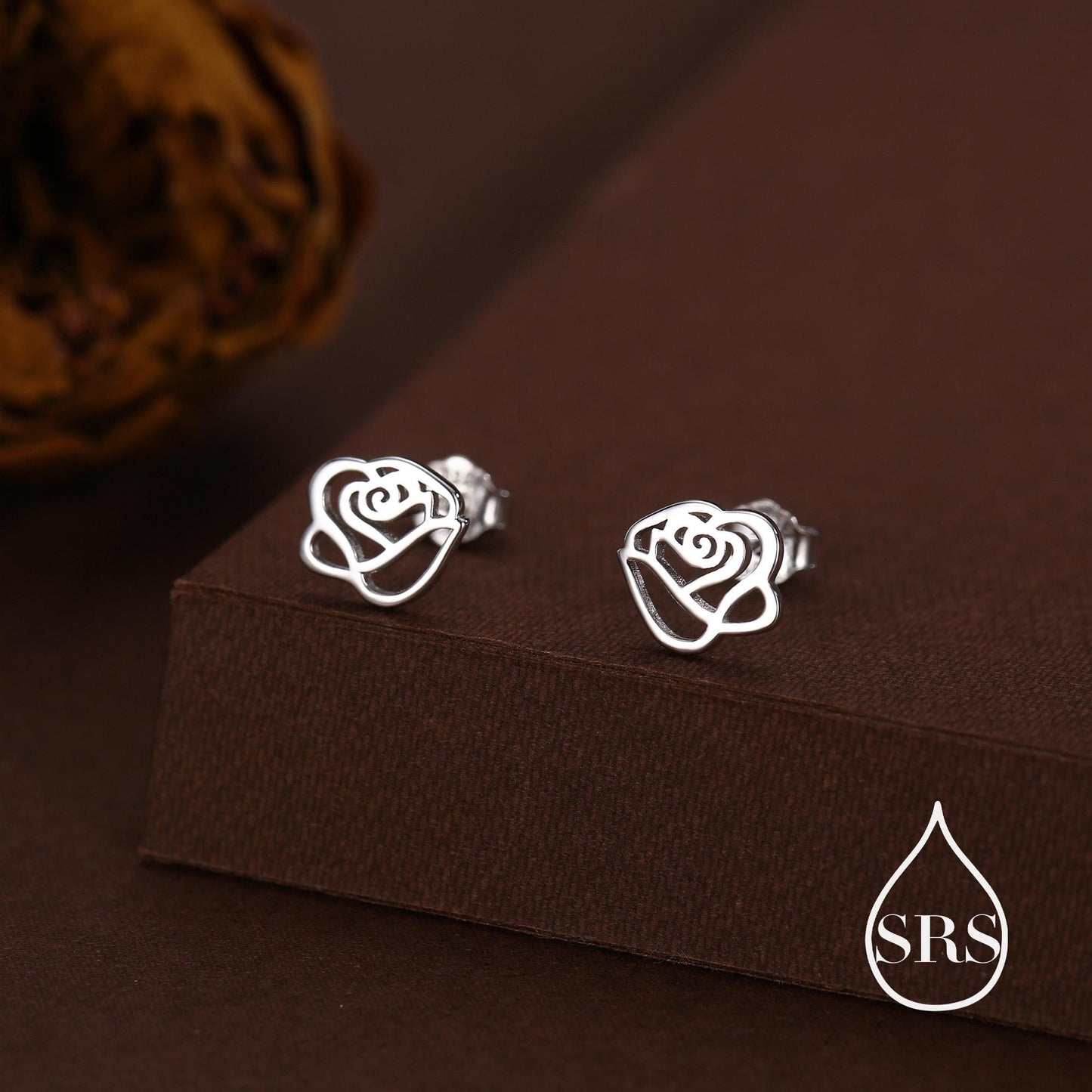 Cut-out Rose Flower Stud Earrings in Sterling Silver, Delicate Botanical Earrings