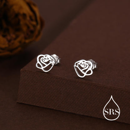 Cut-out Rose Flower Stud Earrings in Sterling Silver, Delicate Botanical Earrings