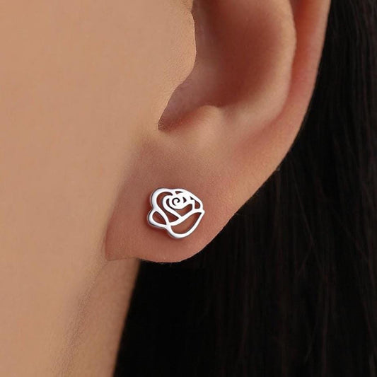 Cut-out Rose Flower Stud Earrings in Sterling Silver, Delicate Botanical Earrings