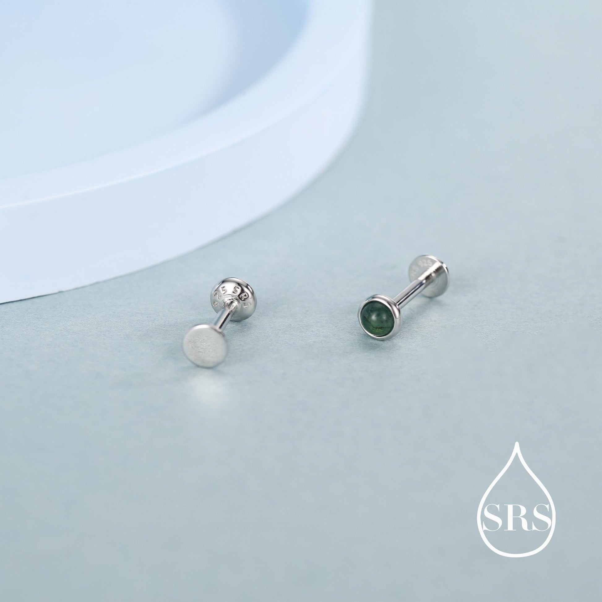 Natural Moss Agate 16G 8mm Flat Back Earrings in Sterling Silver, 3mm, 4mm, 5mm and 6mm, Genuine Moss Agate Gemstone Stud