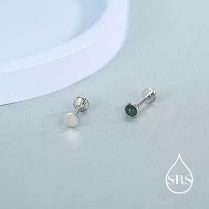Natural Moss Agate 16G 8mm Flat Back Earrings in Sterling Silver, 3mm, 4mm, 5mm and 6mm, Genuine Moss Agate Gemstone Stud