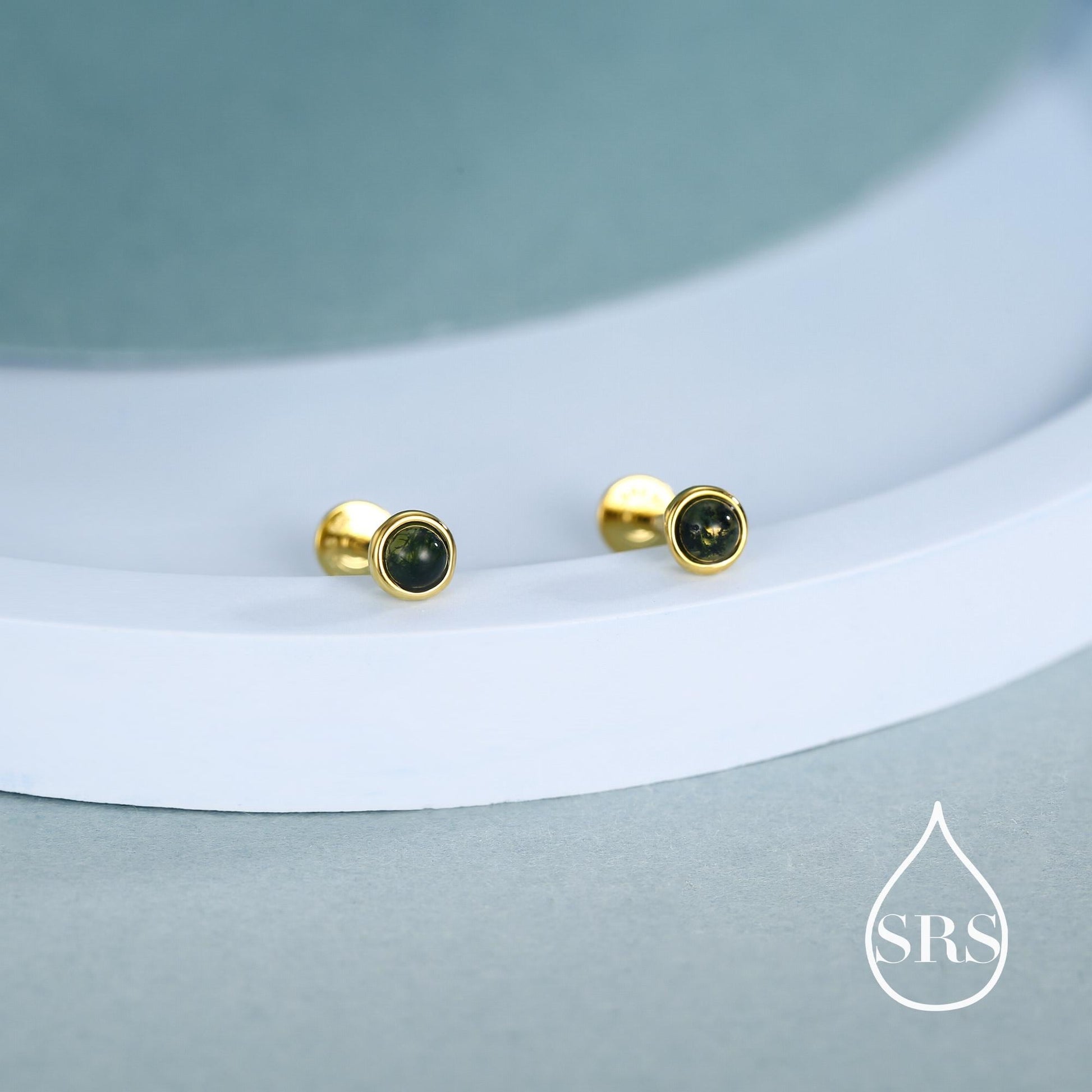 Natural Moss Agate 16G 8mm Flat Back Earrings in Sterling Silver, 3mm, 4mm, 5mm and 6mm, Genuine Moss Agate Gemstone Stud