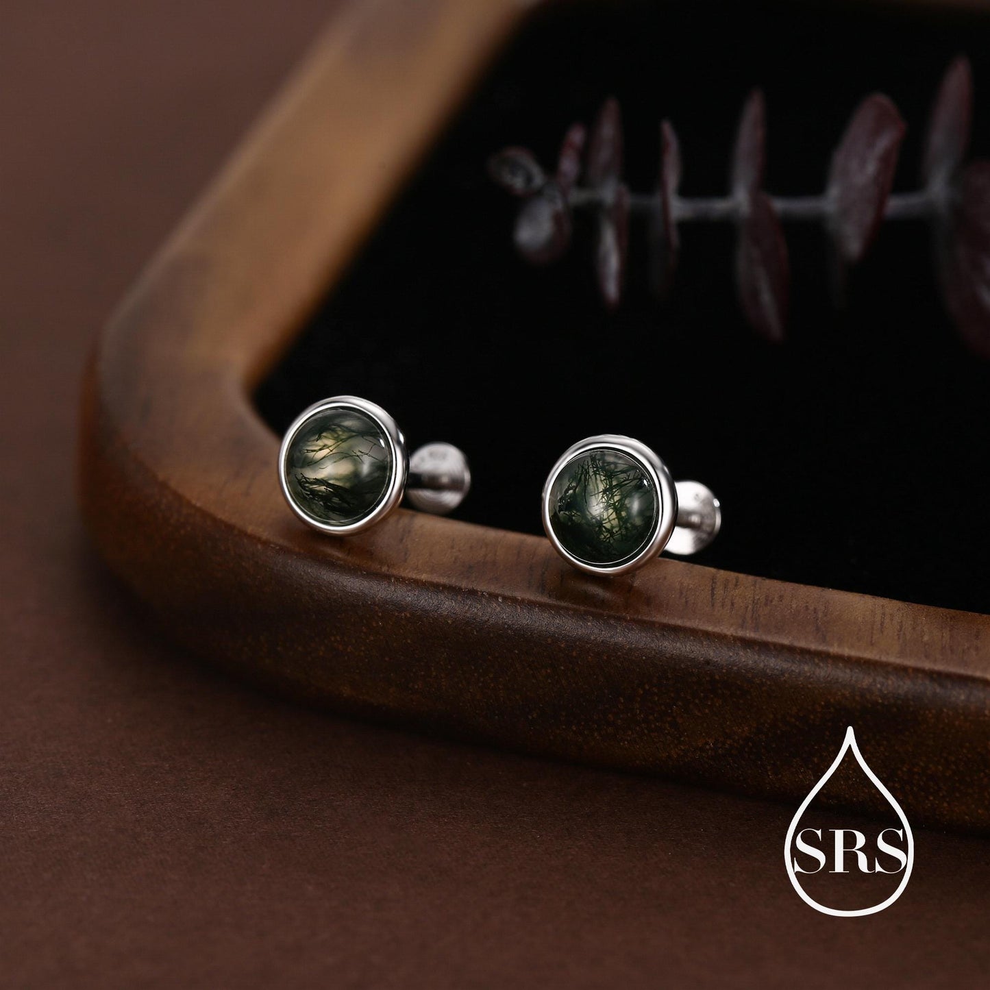 Natural Moss Agate 16G 8mm Flat Back Earrings in Sterling Silver, 3mm, 4mm, 5mm and 6mm, Genuine Moss Agate Gemstone Stud