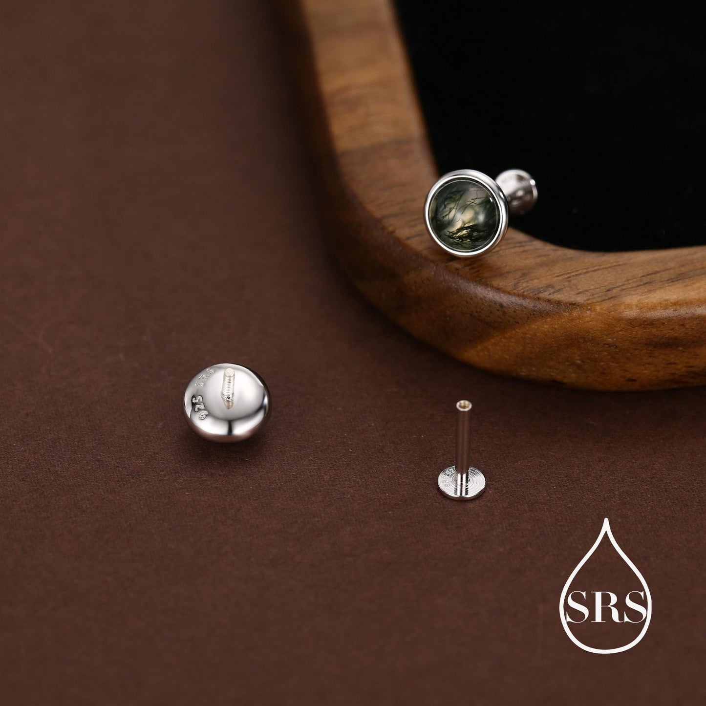 Natural Moss Agate 16G 8mm Flat Back Earrings in Sterling Silver, 3mm, 4mm, 5mm and 6mm, Genuine Moss Agate Gemstone Stud