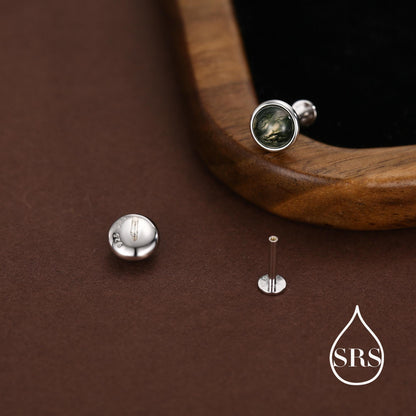 Natural Moss Agate 16G 8mm Flat Back Earrings in Sterling Silver, 3mm, 4mm, 5mm and 6mm, Genuine Moss Agate Gemstone Stud
