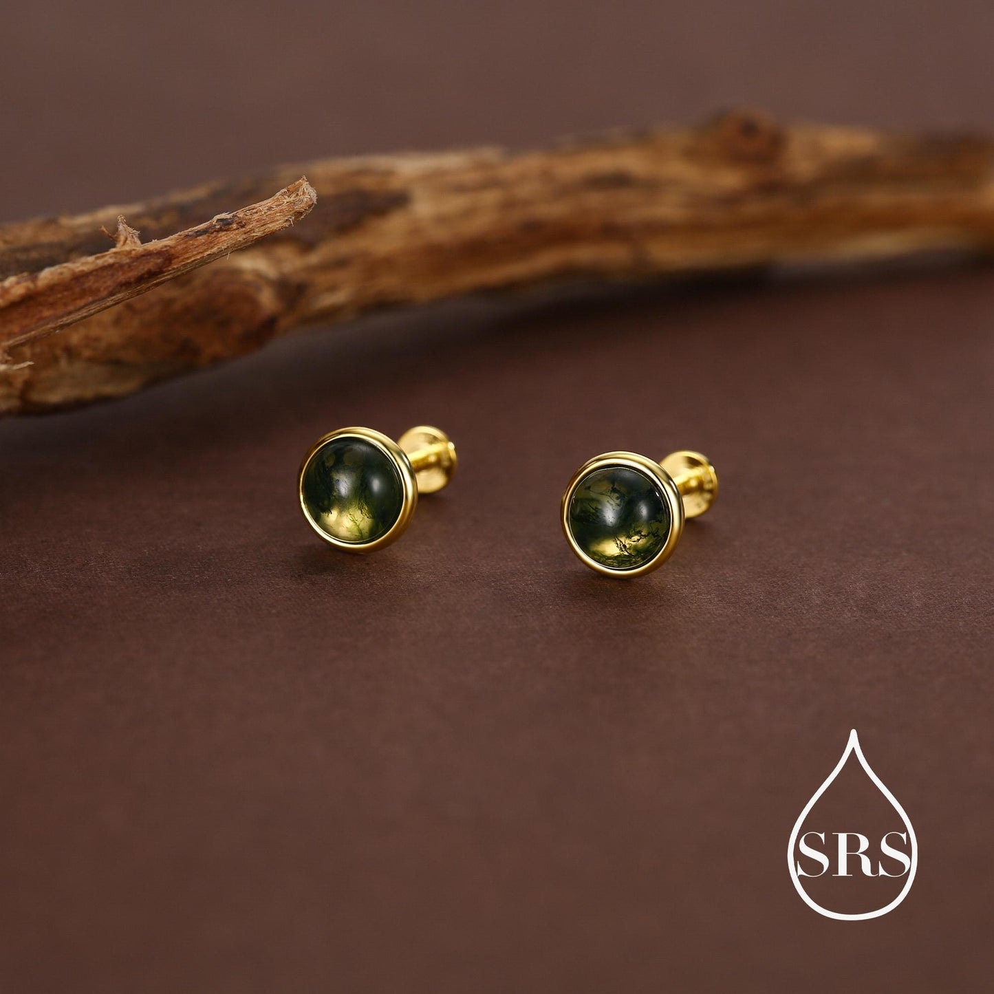 Natural Moss Agate 16G 8mm Flat Back Earrings in Sterling Silver, 3mm, 4mm, 5mm and 6mm, Genuine Moss Agate Gemstone Stud