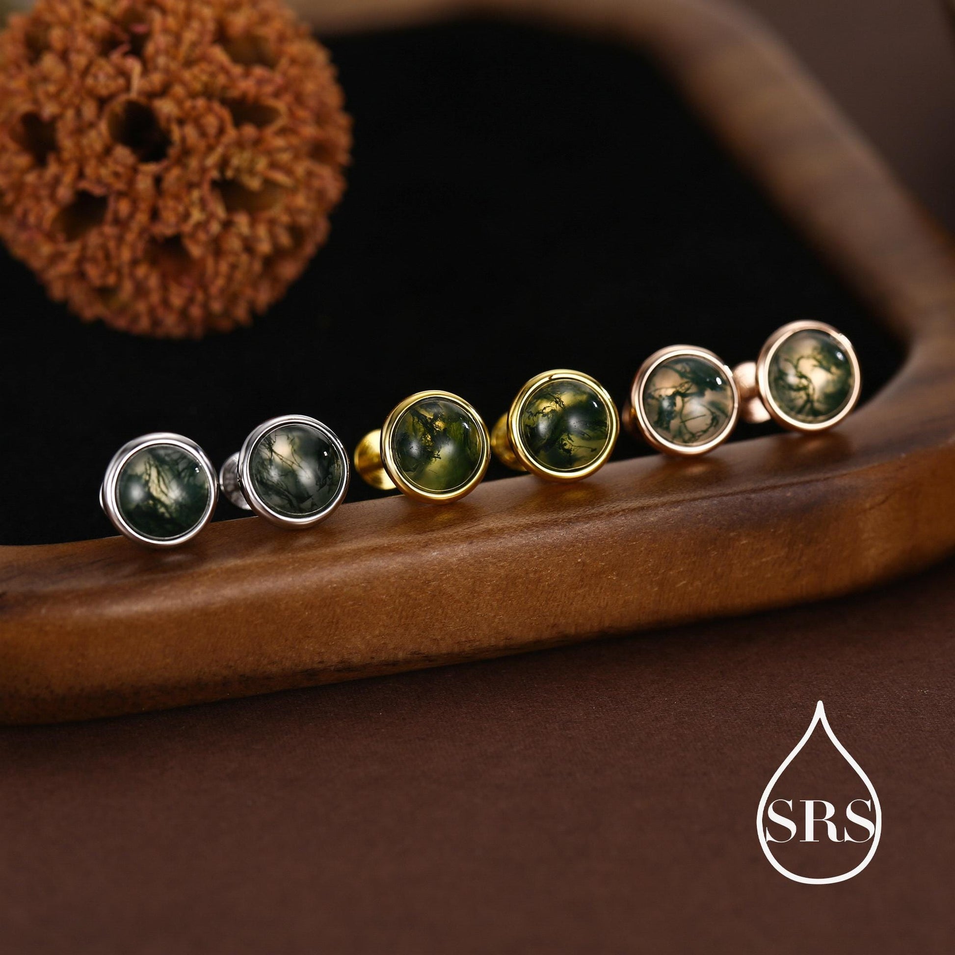 Natural Moss Agate 16G 8mm Flat Back Earrings in Sterling Silver, 3mm, 4mm, 5mm and 6mm, Genuine Moss Agate Gemstone Stud
