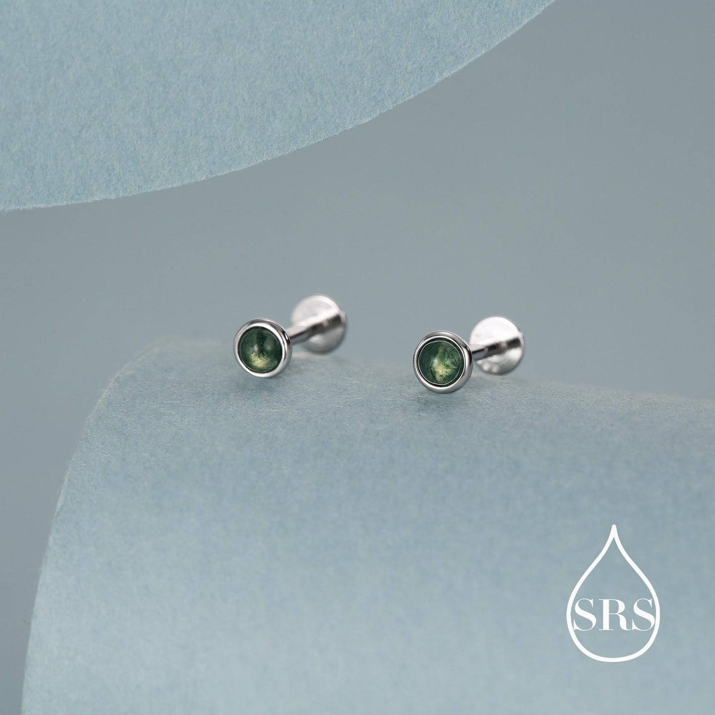 Natural Moss Agate 16G 8mm Flat Back Earrings in Sterling Silver, 3mm, 4mm, 5mm and 6mm, Genuine Moss Agate Gemstone Stud
