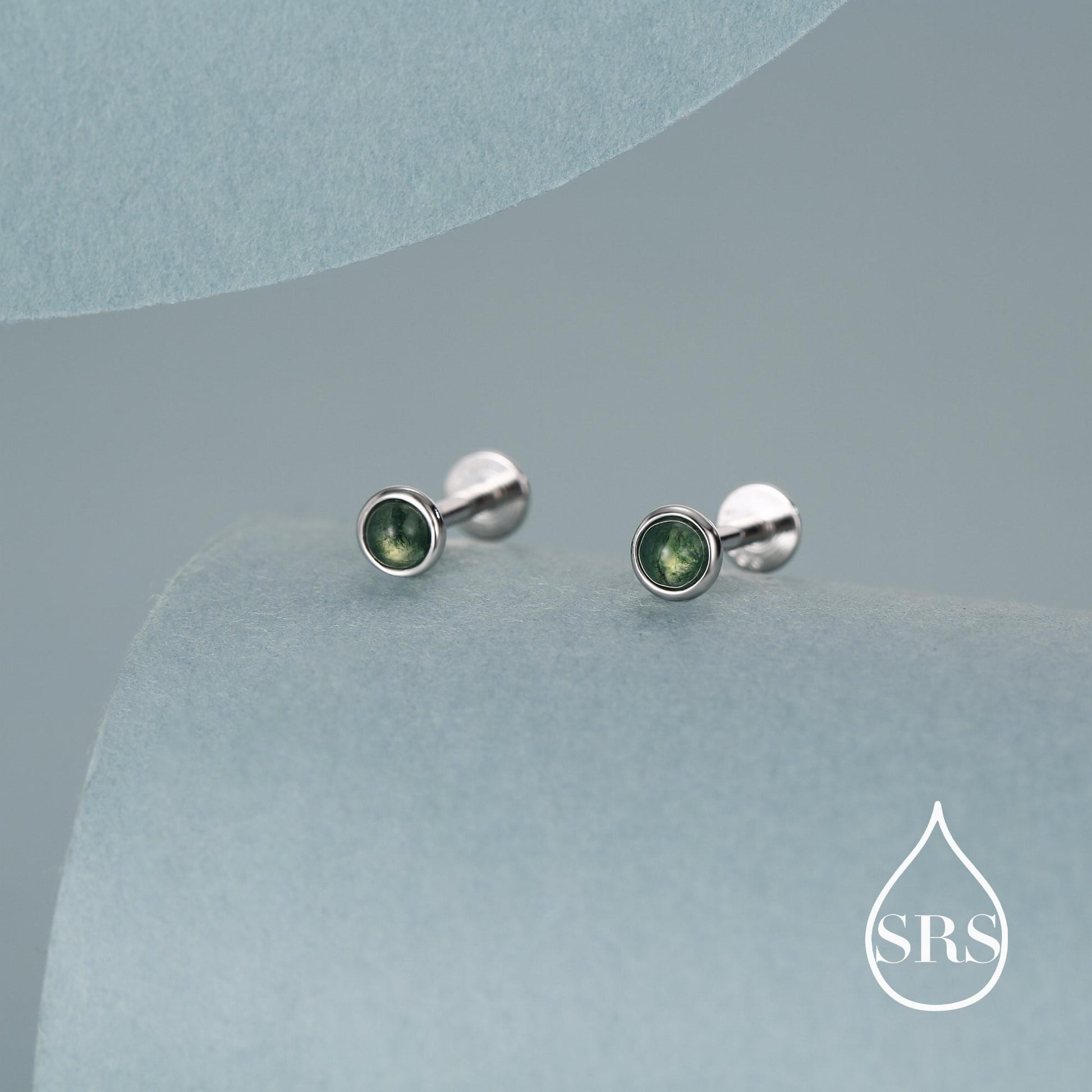 Natural Moss Agate 16G 8mm Flat Back Earrings in Sterling Silver, 3mm, 4mm, 5mm and 6mm, Genuine Moss Agate Gemstone Stud