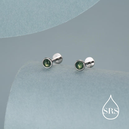 Natural Moss Agate 16G 8mm Flat Back Earrings in Sterling Silver, 3mm, 4mm, 5mm and 6mm, Genuine Moss Agate Gemstone Stud