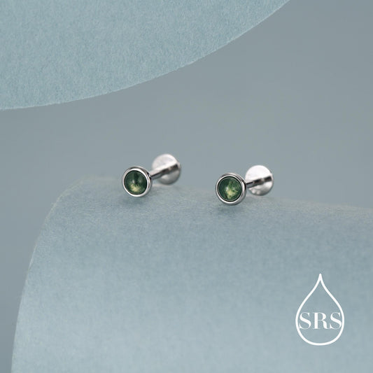 Natural Moss Agate 16G 8mm Flat Back Earrings in Sterling Silver, 3mm, 4mm, 5mm and 6mm, Genuine Moss Agate Gemstone Stud