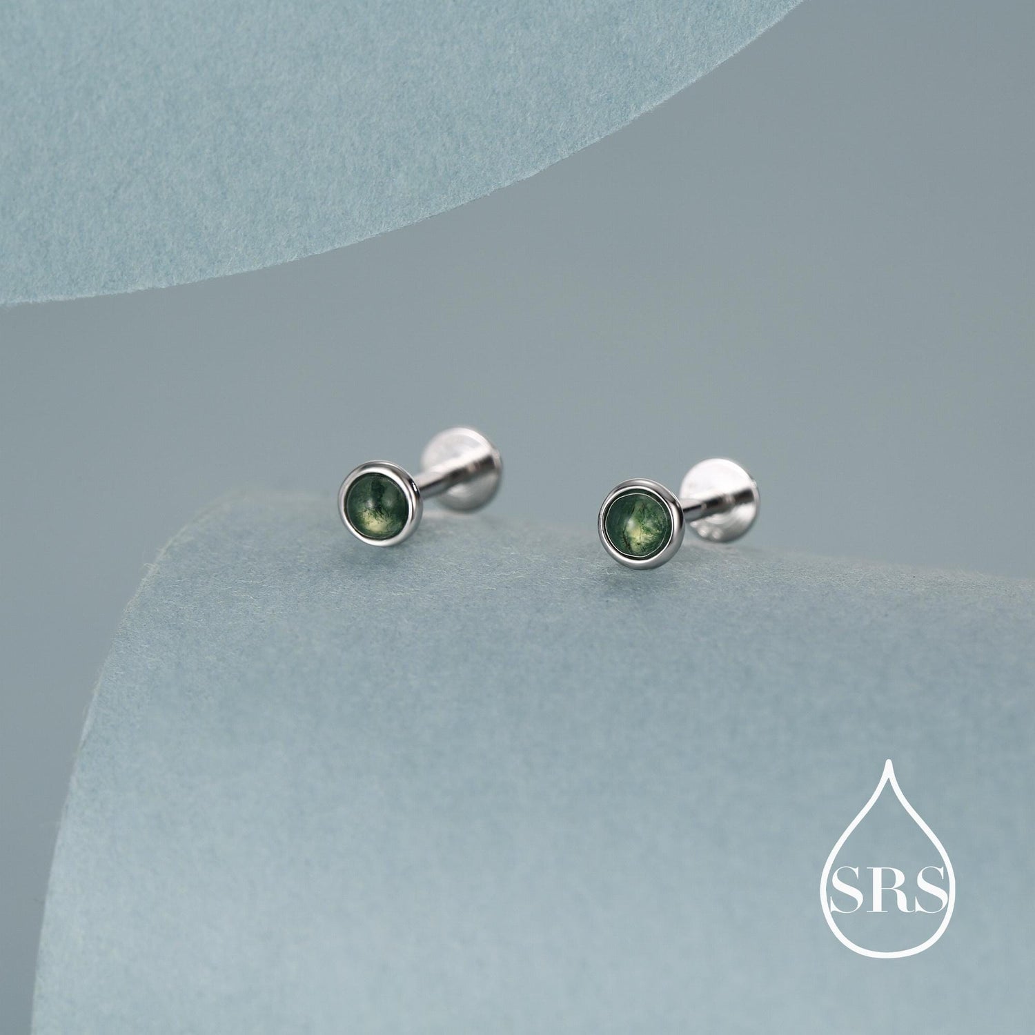 Natural Moss Agate 16G Flat Back Earrings in Sterling Silver, 3mm, 4mm, 5mm and 6mm, Genuine Moss Agate Gemstone Stud