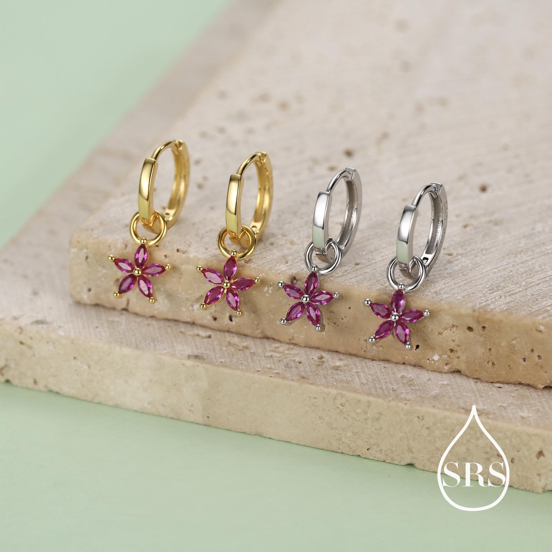 Fuchsia Red Flower CZ Huggie Hoop in Sterling Silver, Silver or Gold, Minimalist Simple Hoop Earrings, Detachable and Interchangeable