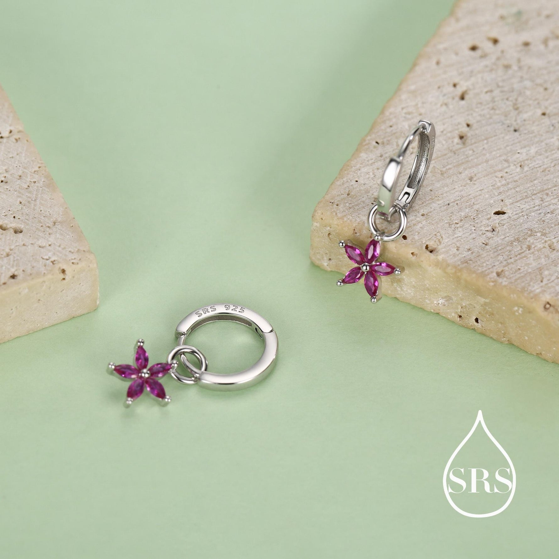 Fuchsia Red Flower CZ Huggie Hoop in Sterling Silver, Silver or Gold, Minimalist Simple Hoop Earrings, Detachable and Interchangeable