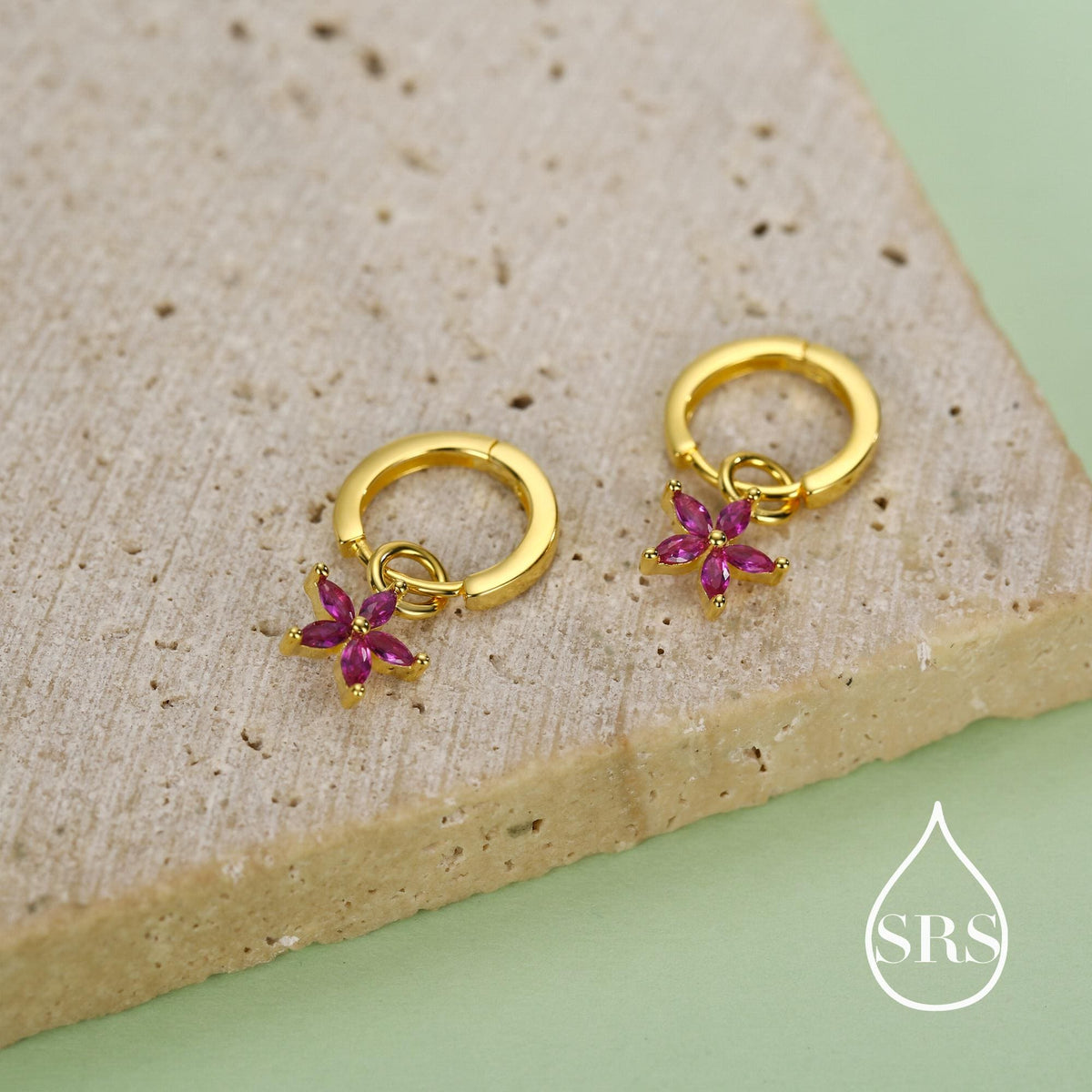 Fuchsia Red Flower CZ Huggie Hoop in Sterling Silver, Silver or Gold, Minimalist Simple Hoop Earrings, Detachable and Interchangeable