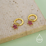 Fuchsia Red Flower CZ Huggie Hoop in Sterling Silver, Silver or Gold, Minimalist Simple Hoop Earrings, Detachable and Interchangeable