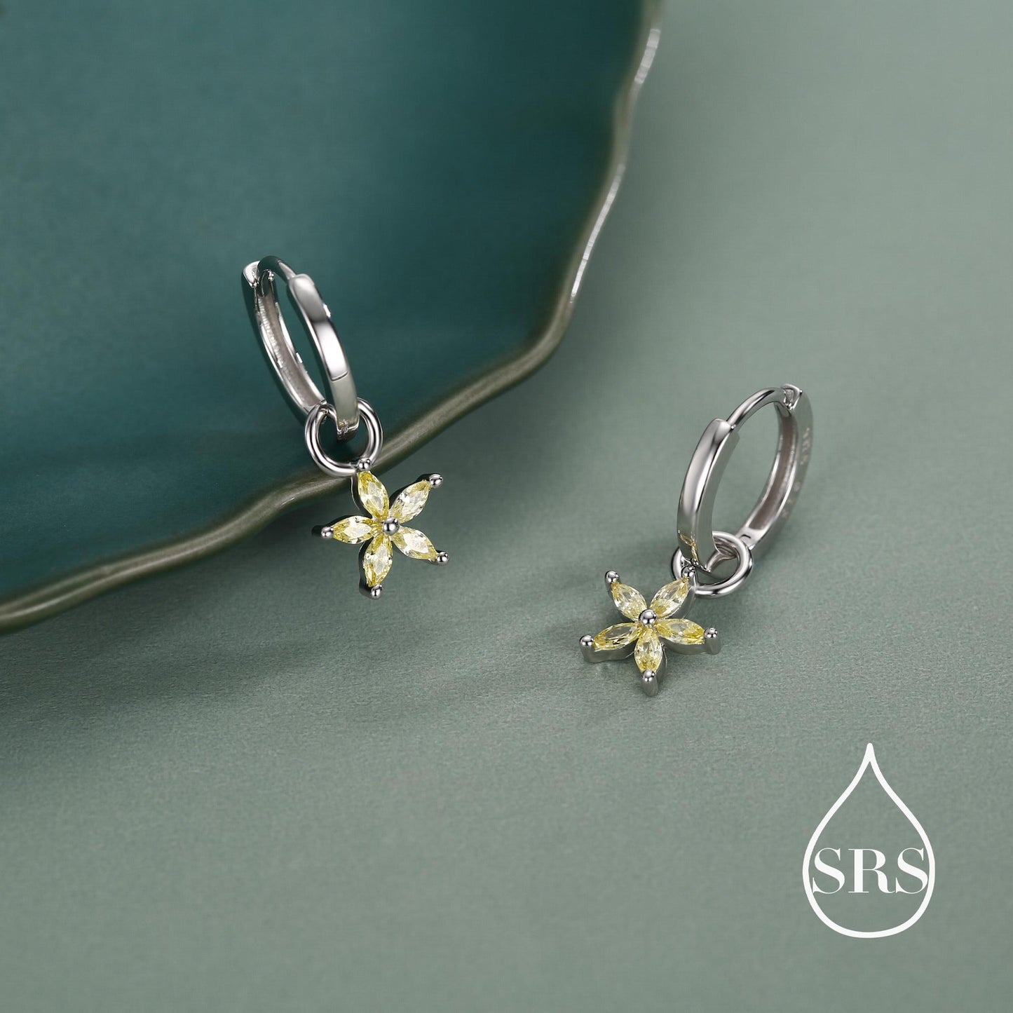 Citrine Yellow Flower CZ Huggie Hoop in Sterling Silver, Silver or Gold, November Birthstone, Detachable and Interchangeable