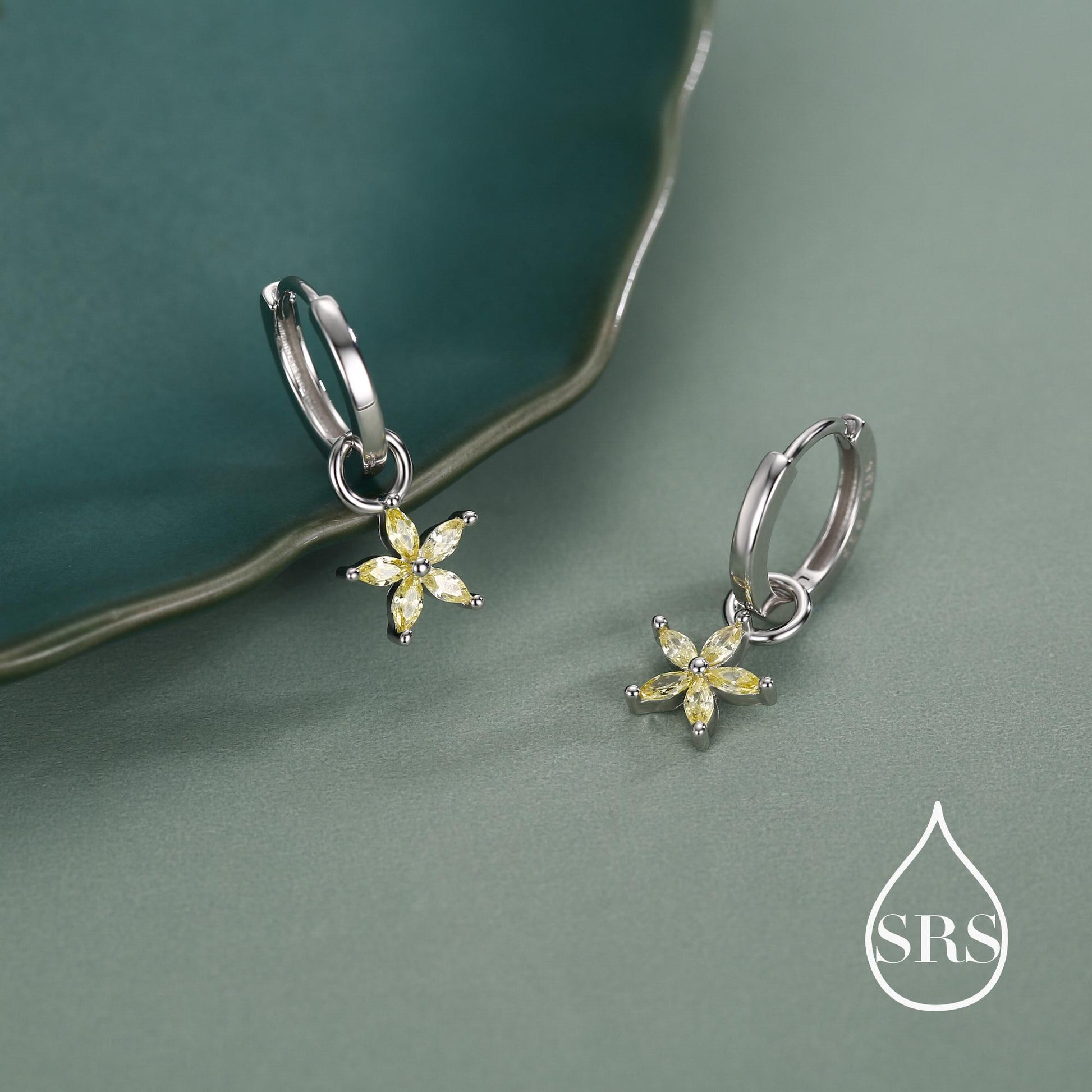 Citrine Yellow Flower CZ Huggie Hoop in Sterling Silver, Silver or Gold, November Birthstone, Detachable and Interchangeable