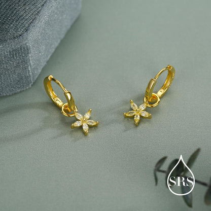 Citrine Yellow Flower CZ Huggie Hoop in Sterling Silver, Silver or Gold, November Birthstone, Detachable and Interchangeable