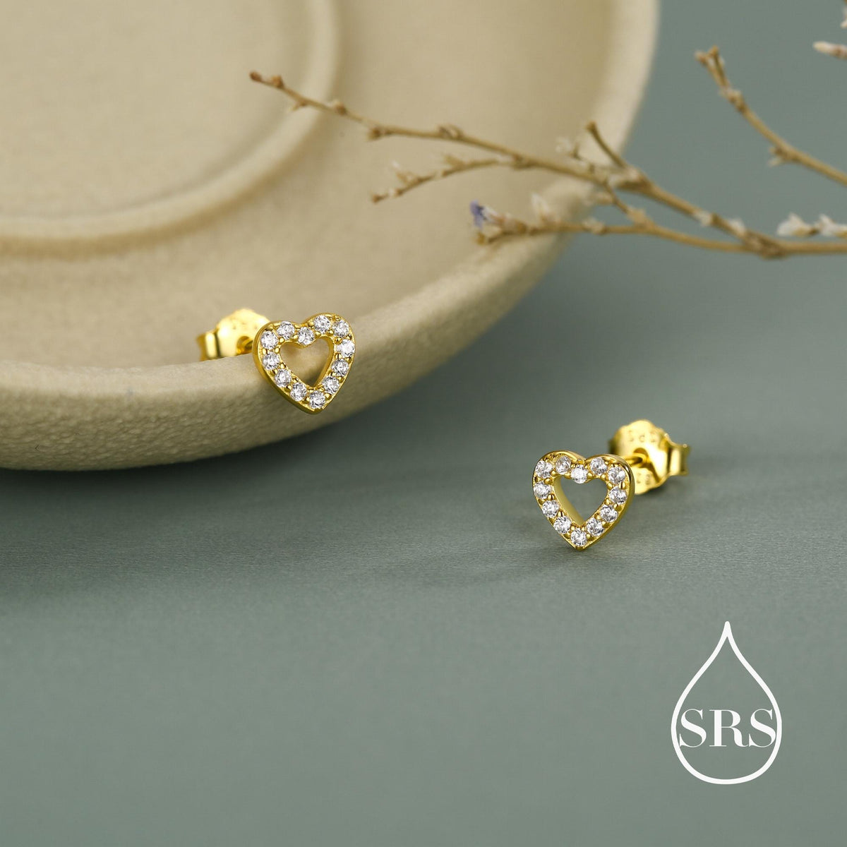 Tiny Open Heart Stud Earrings in Sterling Silver, Silver or Gold, CZ Heart Stud