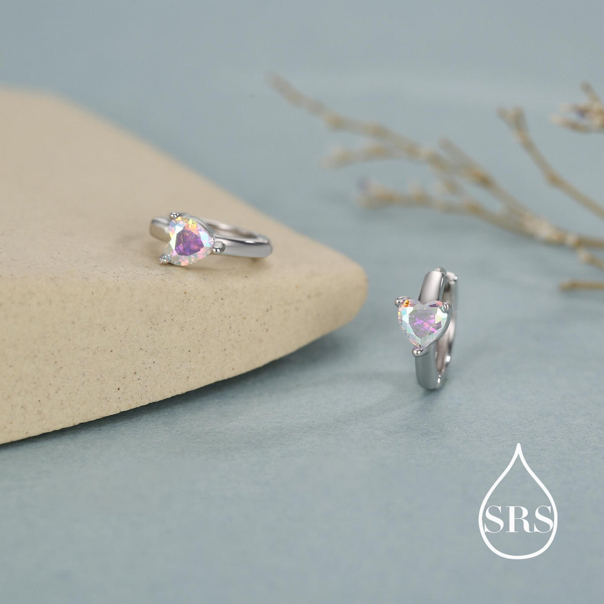 Aurora Heart Huggie Hoop in Sterling Silver, Silver or Gold, 8mm Inner Diameter, AB Crystal Heart Stacking Earrings, Colour Changing AB CZ