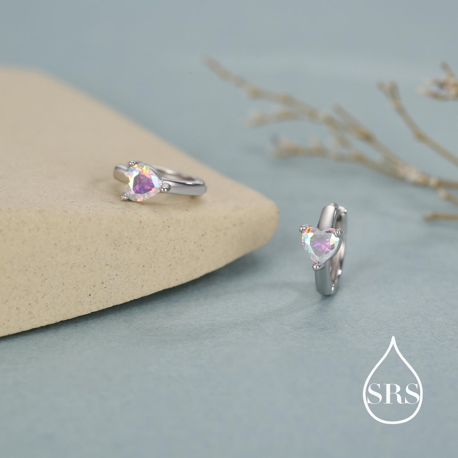 Aurora Heart Huggie Hoop in Sterling Silver, Silver or Gold, 8mm Inner Diameter, AB Crystal Heart Stacking Earrings, Colour Changing AB CZ